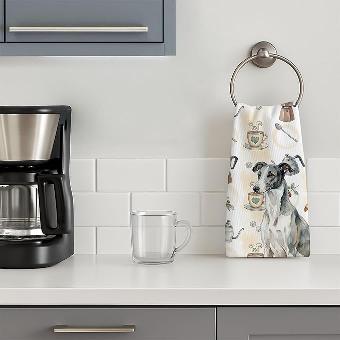 Caroline's Treasures Black and White Greyhound Coffee Bar Kitchen Towel Velour Plush Front and Cotton Loop Back Machine Washable
