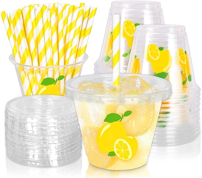 Whaline 100Pcs 9Oz Lemon Disposable Plastic Cups with Lids and Straws Summer Citrus Fruit Cold Beverage Drinking Cups for Birthday Baby Shower Party Supplies