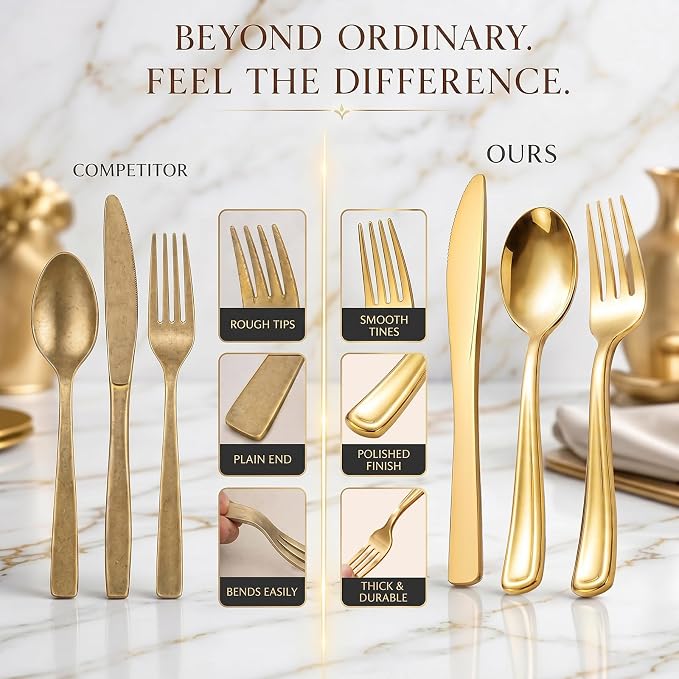 WDF 120 Pieces Gold Plastic Silverware - Disposable Flatware Set - Heavy Duty Plastic Cutlery - Silverware Includes 40 Forks, 40 Spoons, 40 Knives for Party Birthday Baby Shower Wedding Spring