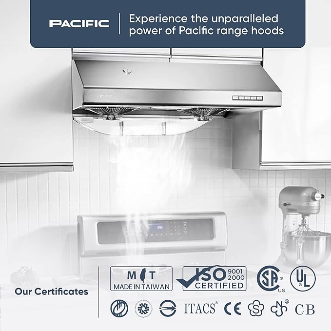 Pacific Auto Clean Under Cabinet Range Hood 30 Inch, 900 CFM Stove Vent Hood, Stainless Steel Kitchen Exhaust Hood, Kitchen Hood Vent, Ultra Quiet Dual Fans, LED Lights AC30BS Filterless Auto Cleans