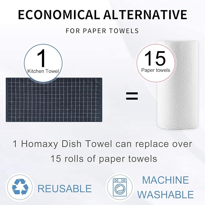 Homaxy 100% Cotton Terry Kitchen Towels(Dark Grey, 20 x 28 inches), Checkered Designed, Soft and Super Absorbent Dish Towels, Large 6 Pack