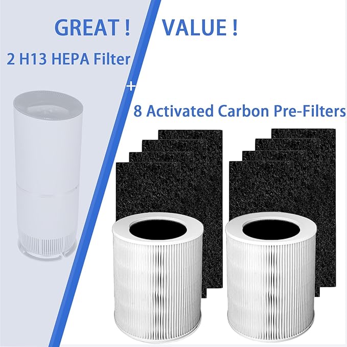 H-HF670-VP Replacement Filter Compatible with Hunter HP670 Tower Air Purifier | 2 Pack H13 True Hepa and 8 Pack Activated Carbon Pre-Filter - Capable of Capturing Dust Pet Dander, Ideal for Room