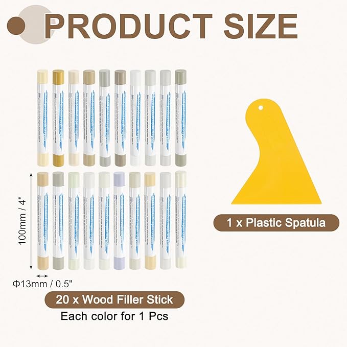 uxcell 20Pcs Wood Filler Sticks, Furniture Scratch Repair Wax Crayons Furniture Touch Up Markers Wood Repair Wax Kit with Spatula for Furniture, 20 Colors White & Light Series