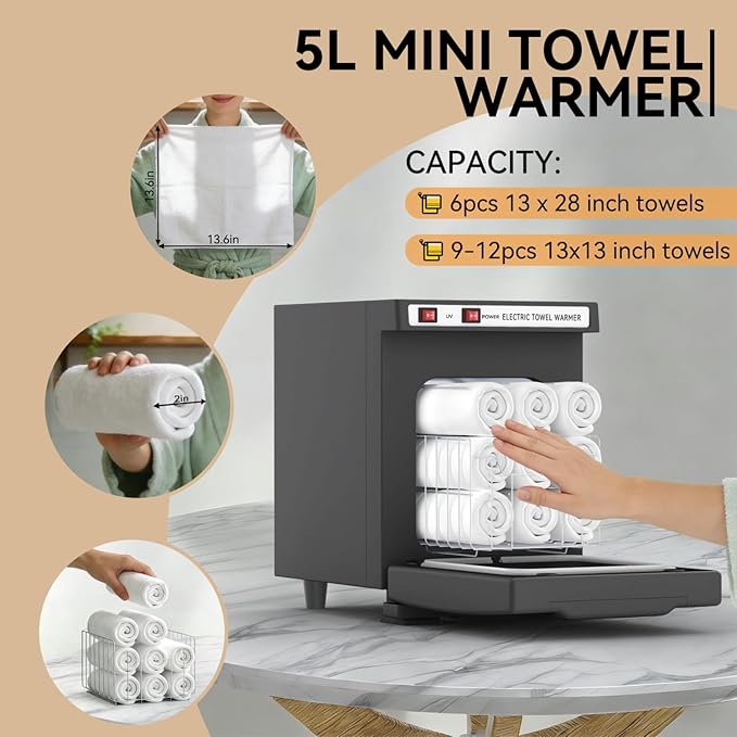 Towel Warmer 5L-Black, 2-in-1 Professional Mini Small Hot Towel Warmer for Spa, Facial Towel Cabinet for Solo Estheticians, Small Salons & Home Spa (Fits 10-15 Washcloths 6-9 Towels)