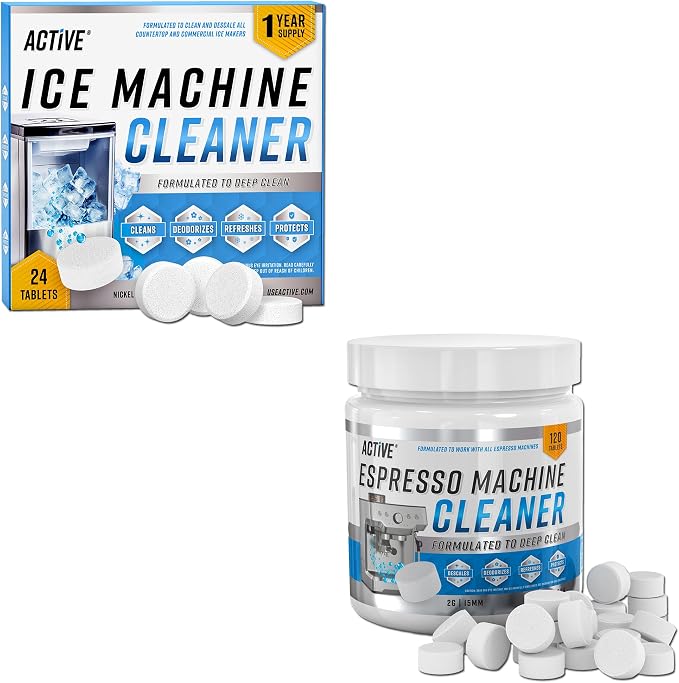 ACTIVE Ice Machine Cleaner Tablets and Espresso Machine Cleaning Tablets - Includes 24ct Ice Maker Cleaning Tabs and 120ct Espresso Maker Cleaner