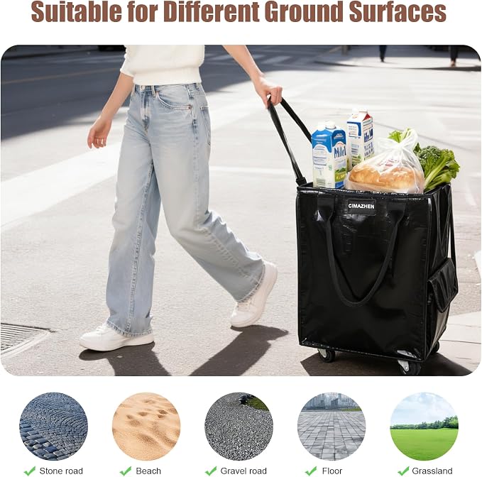 (Small,Black) Reusable Grocery Bag on 4 Wheels, 60L Foldable Rolling Tote Bag with 3 Handles and Zipper, Rolling Shopping Cart for Groceries, Storage, Laundry, Travel, Organizer, 66lb