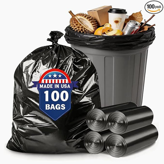 50 55 60 Gallon Trash Bags, 100 Count High Density Garbage Bags, Recycling Trash Can Liners, Sturdy & Tear-Resistant Large Black Bag for Kitchen Yard Outdoor Commercial Use, Lawn Leaf Waste Bags