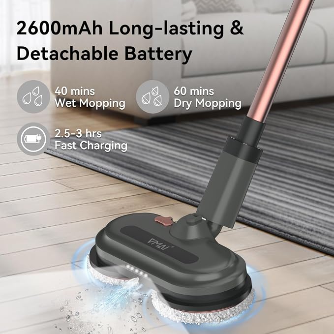 VMAI Cordless Electric Mop, Electric Mops for Floor Cleaning, Spin Mop with LED Headlight, Water Spray, Cordless Mop Up to 60 mins Detachable Battery, Floor Scrubber for Hardwood Floors