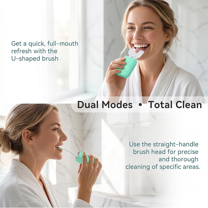 Sonic Electric U Shaped Toothbrush for Adults, Automatic Full Mouth Cleaning Toothbrush, 360° Stain Removal, IPX7 Waterproof Rechargeable, 3 U-Shape & 2 Straight Brush Heads