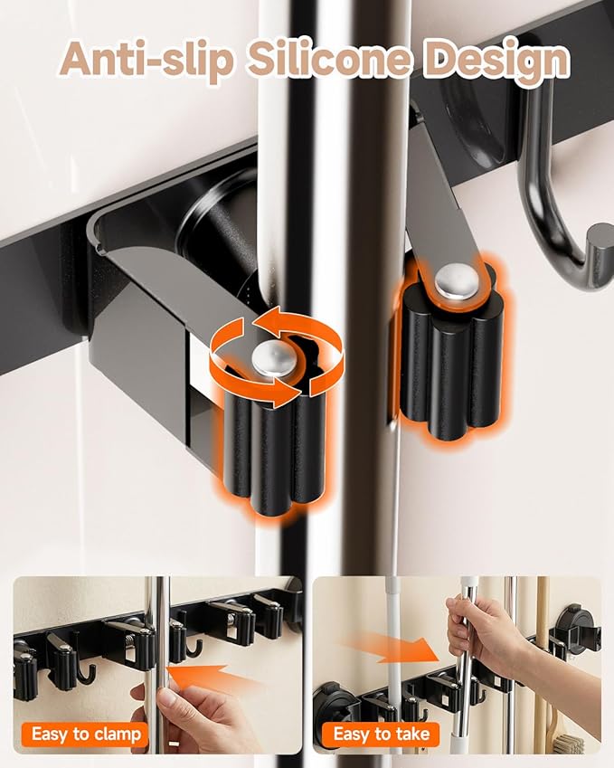 2026 Upgrade Broom Holder Wall Mount with Suction Cup, Broom and Mop Organizer Wall Hanging with 4 Racks & 3 Hooks, Removable and Reusable, Mop and Broom Hanger for Home Kitchen Laundry
