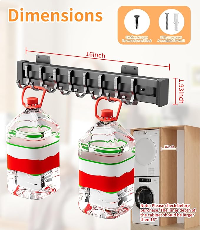 Pull Out Broom Holder With Adjustable Row Sliding Hook, Multifunctional Slide Broom And Mop Storage/Organizer Garage Organization Hooks, for Closet Laundry Garage 36cm/14.17in