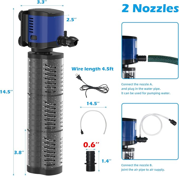 Fish Tank Filter Powerful 400GPH for 75-200 Gallon Large Aquarium Small Pond Fountain, Wave-maker Submersible Water Pump Turtle Tank Filter for Saltwater & Freshwater System