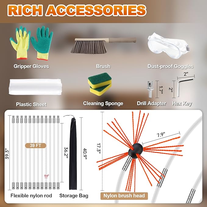 Bluesea 39 Feet Chimney Sweep Kit, Ergonomic Chimney Cleaning System with Strong Brush, Extends Up to 39 Feet, Includes 12 Flexible Chimney Rods