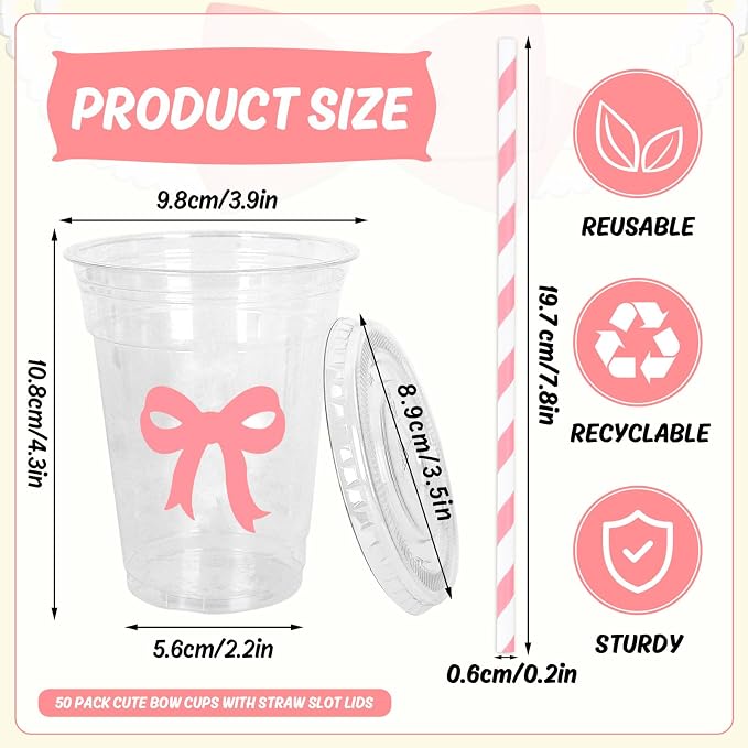 Whaline 50 Pcs Pink Bow Disposable Plastic Cups with Lids and Straws 12 Oz Lovely Bowknot Cold Beverage Drinking Cups for Wedding Birthday Bridal Baby Shower Party Supplies