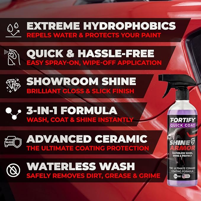 SHINE ARMOR Fortify Quick Coat: 3-in-1 Complete Detailing Spray - Car Wax, Waterless Wash and Ceramic Coating - Paint Protection for Cars, Trucks, Bikes and SUVs, Made in USA, 16floz