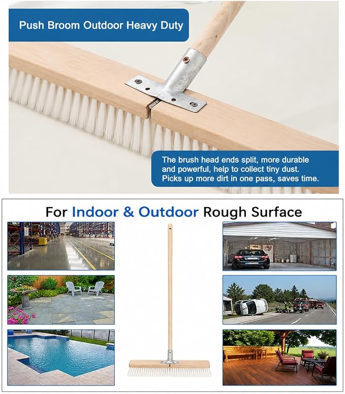 17.71” Heavy Duty Push Broom Outdoor, Stiff Plastic Bristles 4-Layer, 32.28” Wooden Handle, Industrial Broom for Garage Floor, Warehouse, Patio, Concrete, Deck & Sidewalk Cleaning