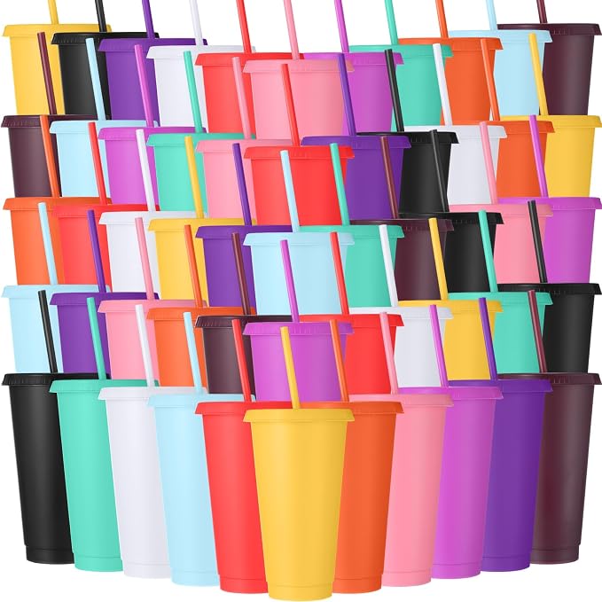 Honeydak 120 Pack Tumbler with Straw and Lid Bulk Cups for Gifts Water Bottle Iced Coffee Travel Mug Cup Reusable Plastic Tumblers for Party Birthdays 24-27 oz (Classic Color)
