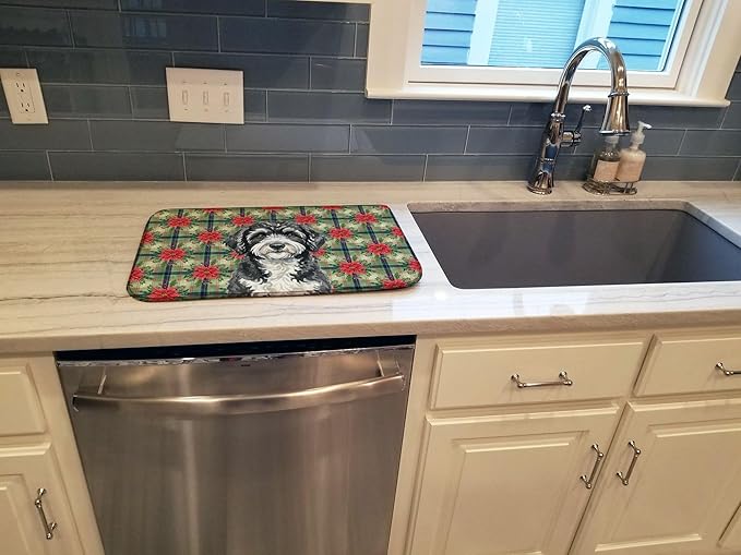 Caroline's Treasures Portuguese Water Dog Christmas PoinsettIas Dish Drying Mat Absorbent Dish Drying Mat Pad for Kitchen Counter Dish Drainer Mat for Countertop, 14 x 21", Multicolor