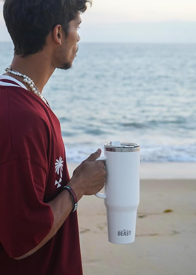 Beast 50 oz Tumbler with Handle Stainless Steel Vacuum Insulated Coffee Ice Cup Double Wall Travel Flask (Arctic White)