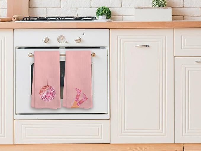 Pink Preppy Kitchen Towels Dish-Cloths Set of 4, Howdy Barthroom Dorm Towels, Teen Girl Bathroom Decor, Preppy Howdy Disco Ball Hand Towels, Women Teen Girls Gifts,16 x 24 inches
