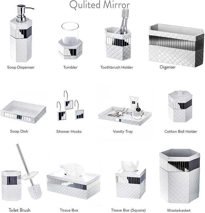 Creative Scents Quilted Mirror Bathroom Toilet Brush Set - White Toilet Bowl Brush and Holder - Good Grip Toilet Bowl Cleaner Brush and Holder - Decorative Compact Toilet Bowl Scrubber