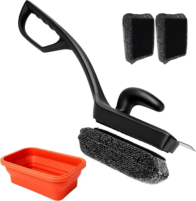 Grill Brush with 3 Detachable Brush Heads & Collapsible Water Cup – Bristle-Free BBQ Cleaner with Scraper, Safe for Cast Iron/Stainless Steel/Non-Stick Grates, 2 Extra Replacement Brushes Included