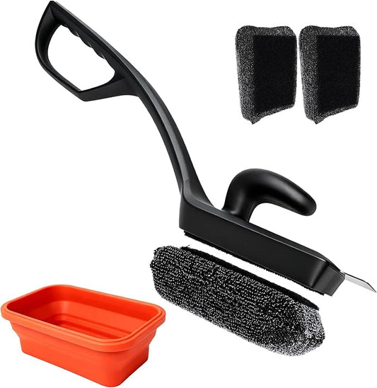 Grill Brush with 3 Detachable Brush Heads & Collapsible Water Cup – Bristle-Free BBQ Cleaner with Scraper, Safe for Cast Iron/Stainless Steel/Non-Stick Grates, 2 Extra Replacement Brushes Included