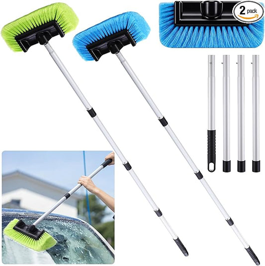 2 Pack 58 Inch Extendable Car Wash Brushes, Soft Bristled Scratch Free Cleaning System with Long Handle, Universal Cleaning Tool Set for Vehicles Home Windows Tires Snow Removal(Green+Blue)