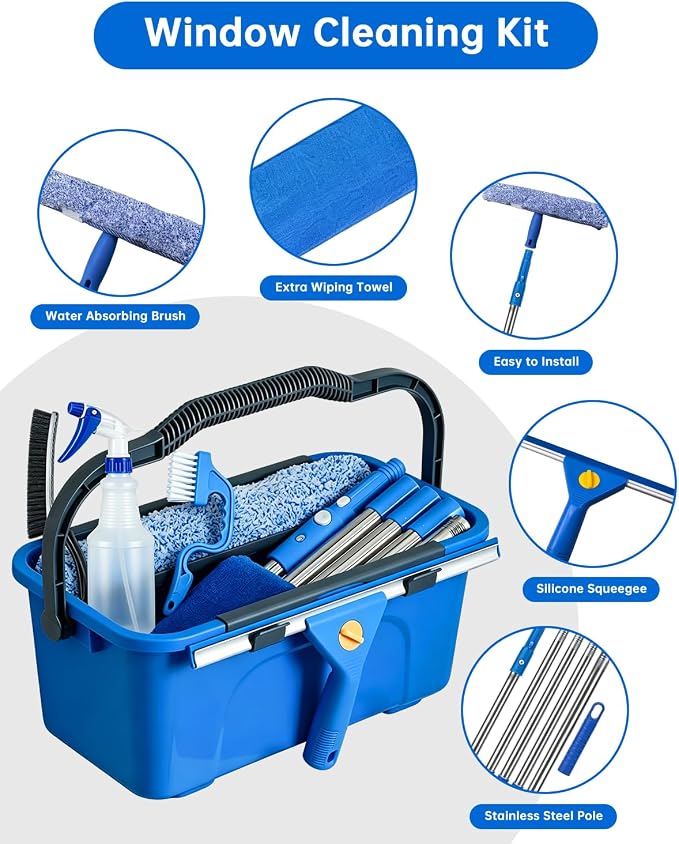 Window Cleaning Kit with Storage Bucket, Squeegee Cleaner Tool with Extension Pole, Glass Cleaning Tools Set with Spray Bottle, Brush, Scrubber, Gap Brush & Gloves for Window Shower Mirror Car