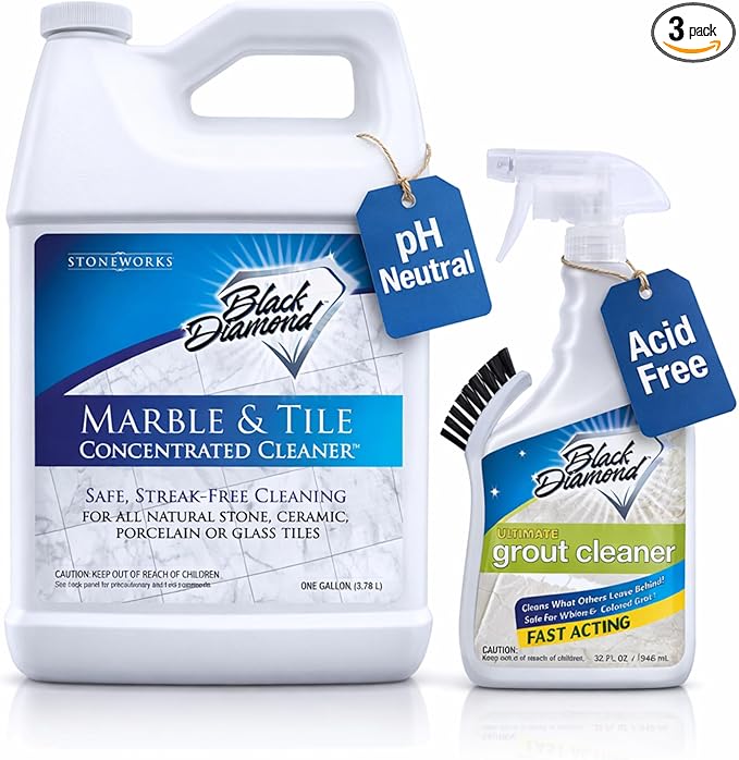 Black Diamond Stoneworks Marble & Tile Cleaner Gallon + Ultimate Grout Cleaner with Brush Quart (2-Pack) – Safe for Natural Stone, Deep Grout and Tile Cleaning to Restores Shine