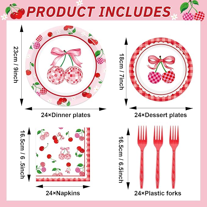 96Pcs Cherries Theme Plates and Napkins Pink Bow Cherry Birthday Party Decoration Disco Ball Disposable Dessert Cake Plates Cherries Paper Dinner Tableware for 24 Guests Girls Boys Kids Party Supplies