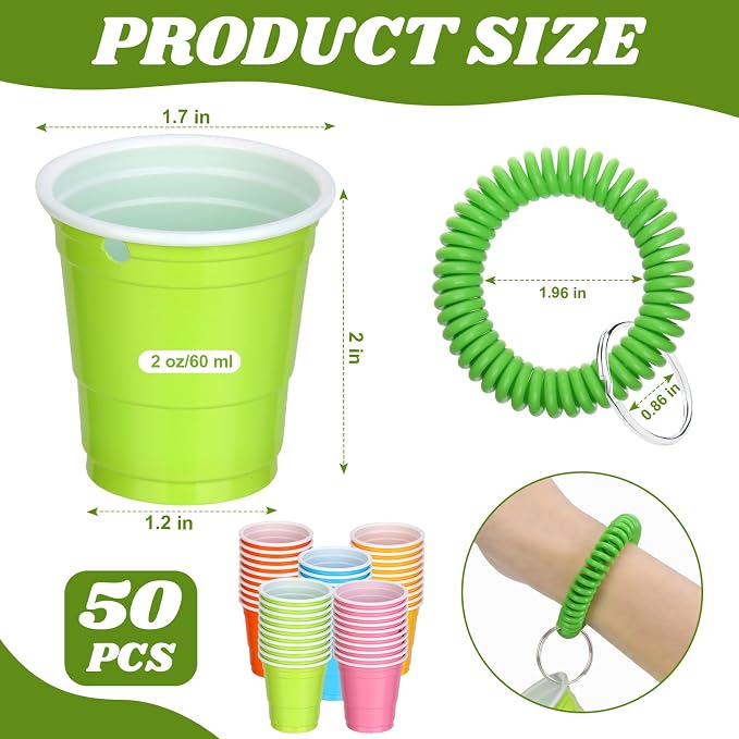 50 Pcs Multicolor Shot Cups with Wristband for Party 2oz Plastic Shot Glasses Bulk Disposable Mini Shot Glasses with Bracelet Wear On Solo Cups for Party Beer Sample Taste Serving Graduation Birthday