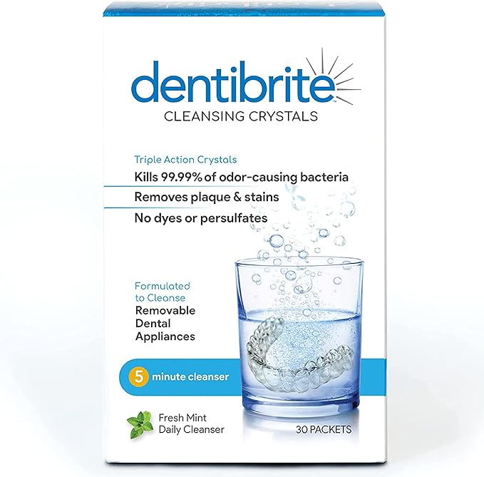 Crystals Cleaner for Removable Dental Appliances - Invisalign Aligners, Retainers, Guards, Dentures, Trays/Aligners - Odor Remover - No Persulfates or Dyes - 30ct - Made in USA