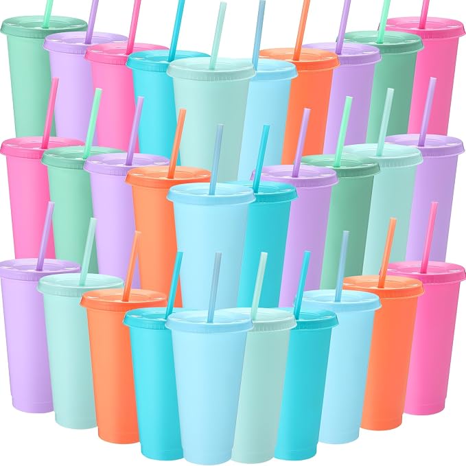 Honeydak 30 Pack Tumbler with Straw and Lid Bulk Cups for Gifts Water Bottle Iced Coffee Travel Mug Cup Reusable Plastic Tumblers for Party Birthdays 24-27 oz (Macaron Color)
