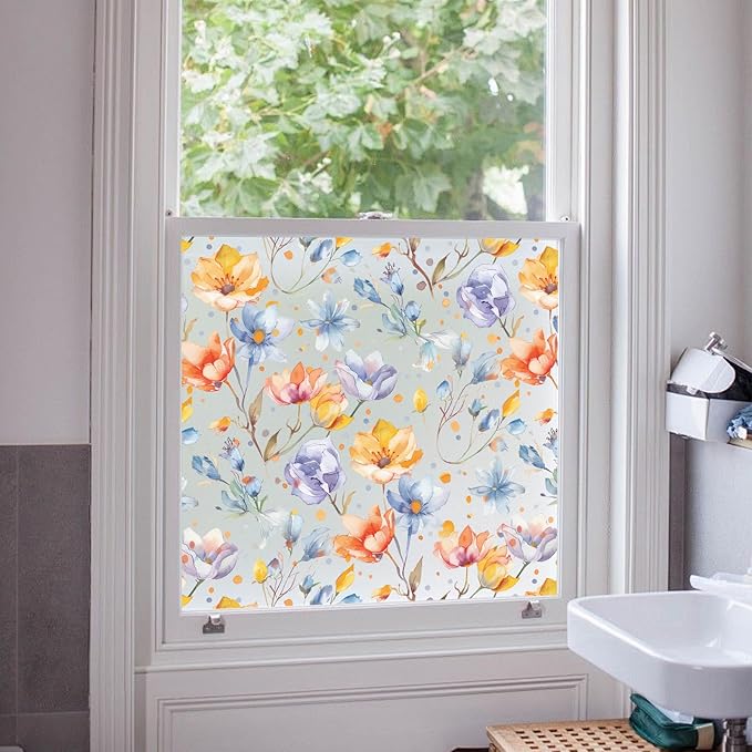 DKTIE Retro Floral Pattern Stained Glass Window Film Two-Way Privacy Day and Night Decorative Window Film Static Cling UV2 Print Technology (S647, 17.7in X 78.7in)