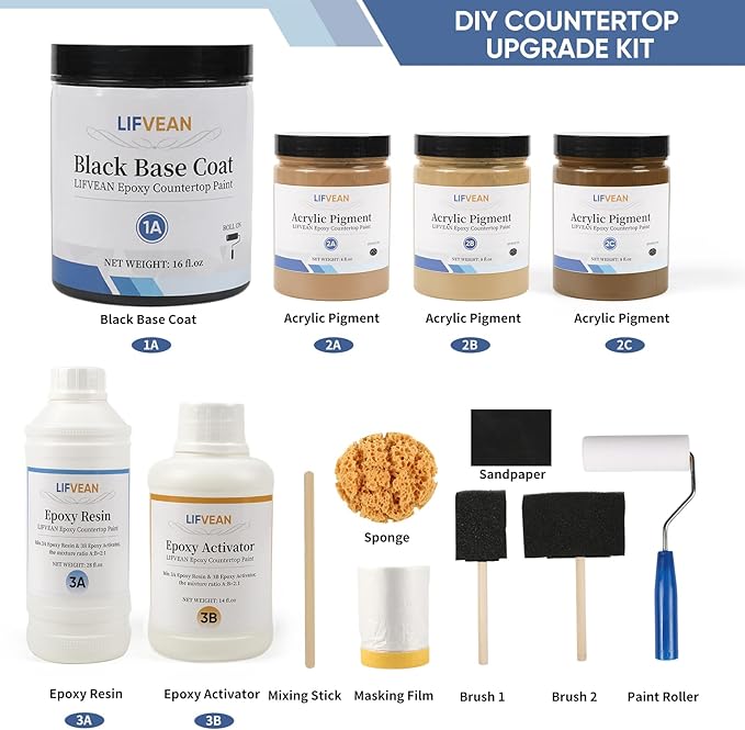 Epoxy Countertop Paint Refinishing Kit, Kitchen Bathroom Glossy Coating for Marble, Granite, Laminate, Ceramic Tile, Cover 38 sq.ft, Amber Brown