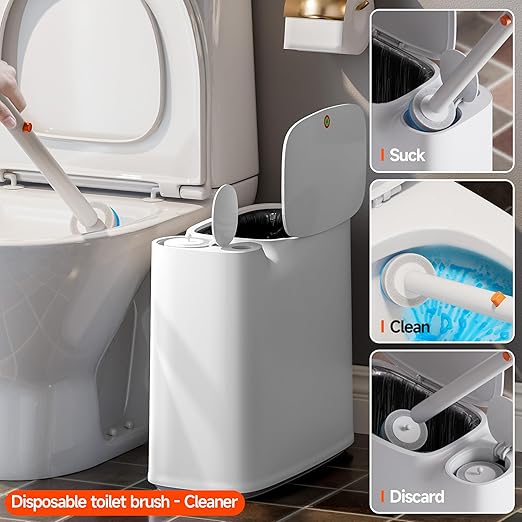CTIME Bathroom Trash can Set, 2 Gallon White Small Trash Can with Lid, Disposable Toilet Brush, Storage Caddy and 12 Refills, Slim Garbage Can for Bathroom, RV