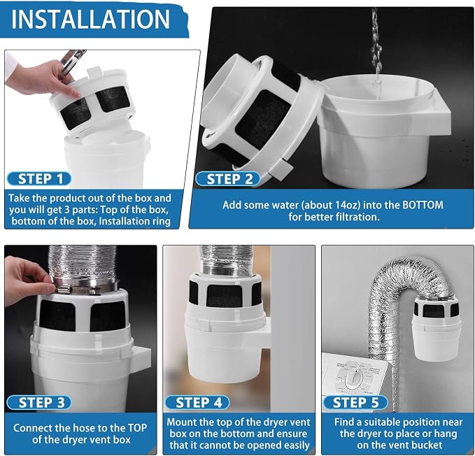 【UPGRADED】NOORNY 3 in1 Indoor Dryer Vent Kit Lint Catcher Bucket Box for Electric Clothes Dryer - No Hose Included
