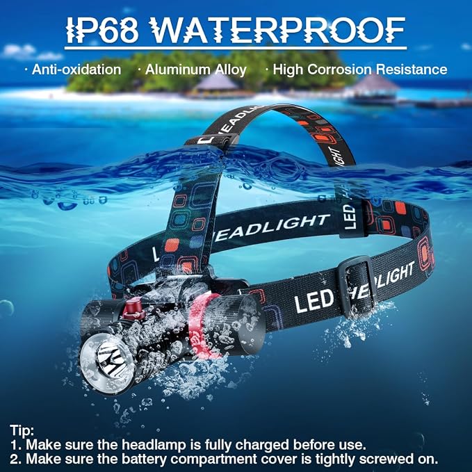 Scuba Dive Light 2000LM Super Bright Rechargeable Underwater Flashlight with IPX8 Waterproof, 3 Modes & USB Charging, Professional LED Diving Headlamp for Snorkeling, Caving, and Scuba Diving