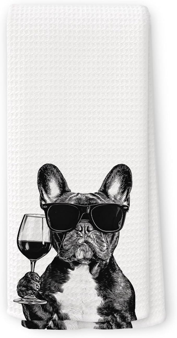 Funny French Bulldog Wine Kitchen Towels, Gifts for Dog Wine Lovers, Bar Accessories Dish Tea Towels for Kitchen, Dog Owners Housewarming Gift Decorative Hand Towel 16x24 Inch
