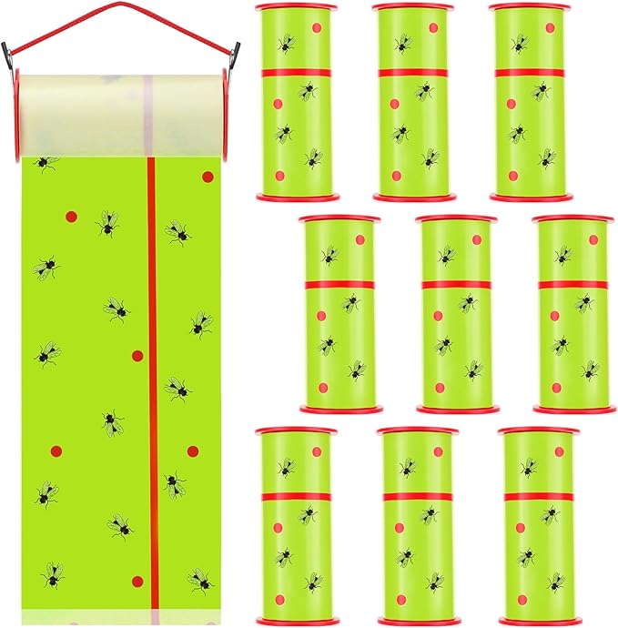 10 Rolls Fly Strips Tape 30 ft Each Fly Paper Traps Indoor Outdoor Sticky Hanging Spotted Lanternfly Tree Tape for Fruitfly Plant Barn Stable(Fluorescent Green)
