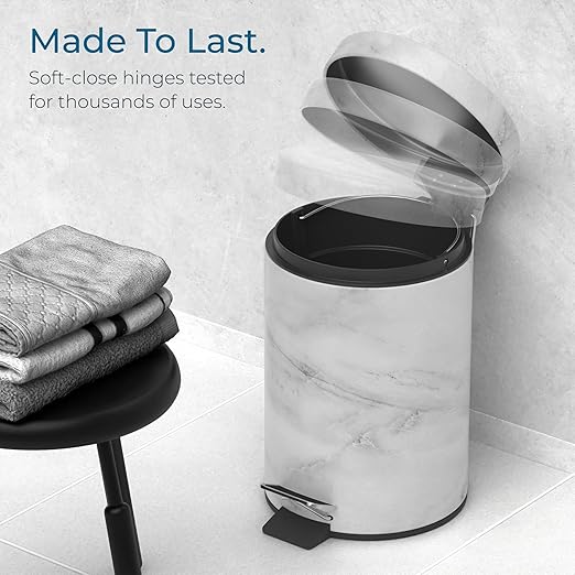 Sanilo Small Bathroom Trash Can with Lid [1.3 Gallon] - Lidded Tiny Trashcan for Garbage - Mini Metal Bin with Soft Closing Mechanism - Bath Room Accessoire Wastebin with Inner Bucket (Marble)