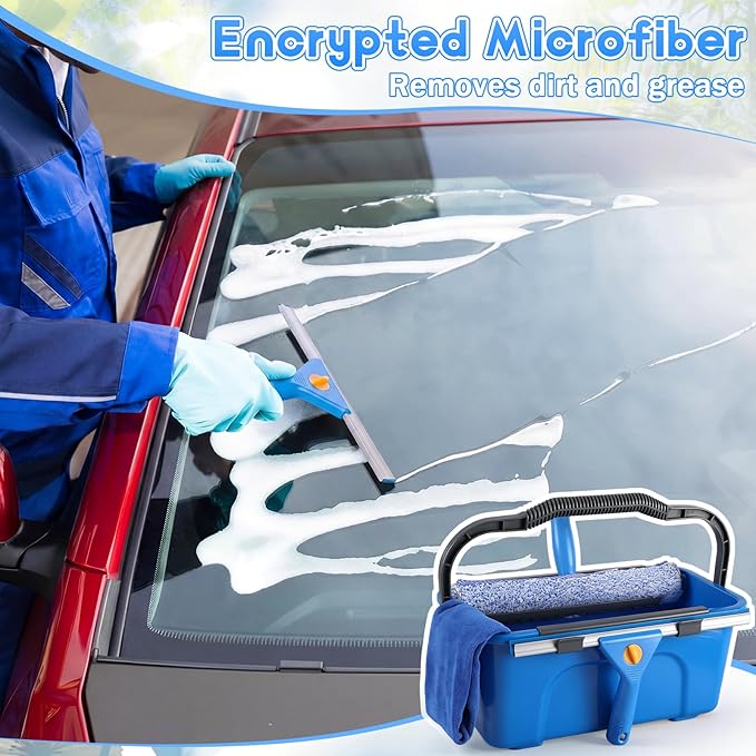 Window Cleaning Kit with 3 Gallon Bucket 14" Window Squeegee with 61" Long Handle 15" Microfiber Scrubber Glass Cleaner Set Tool for Home Outdoor Commercial Use