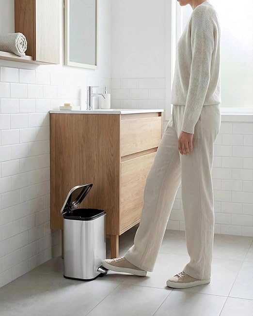 1.3 gal/5L Stainless Steel Kitchen Trash Can, Step-on Recycling Bin with Soft Close Lid, Removable Inner Bucket, Rectangular Wastebasket for Office Living Room, Silver