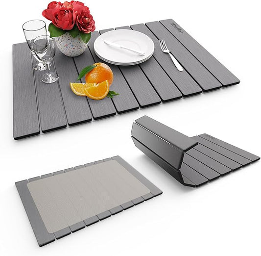 HotFox Dish Drying Mat for Kitchen Counter – Quick Dry Stone Drying Mat, Foldable Diatomaceous Earth Pad, Non-Slip Kitchen Sink Drying Mat, Large Fast Drying Stone Mat for Dishes, Coffee Maker, Grey