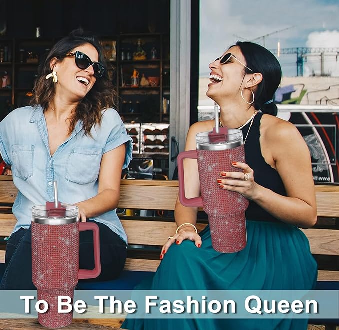 HWISDMIG 40oz Tumbler with Handle-Glitter Rhinestones Tumbler Bling Cups Stainless Steel Water Bottle Diamond Studded Tumbler for Women-Birthday Gifts for Women, Mom, Girlfriend (Wine Red)