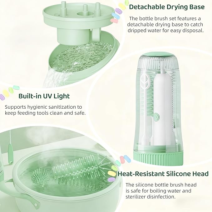 Portable Electric Silicone Bottle Brush Set, 7-in-1 UV Light USB Charging, Nipple/Straw Cleaner, Milk Mixer, Built-in Drying Rack & Storage Case, BPA-Free, IPX7, On-the-Go for New Parents (Mint)