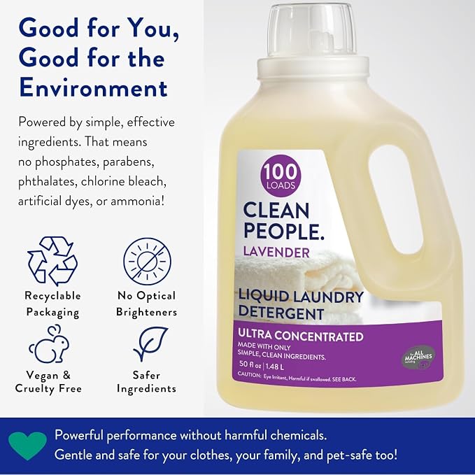 The Clean People Liquid Laundry Detergent - Recyclable Packaging, Stain Fighting - Ultra Concentrated, Laundry Soap - Lavender, 200 Loads