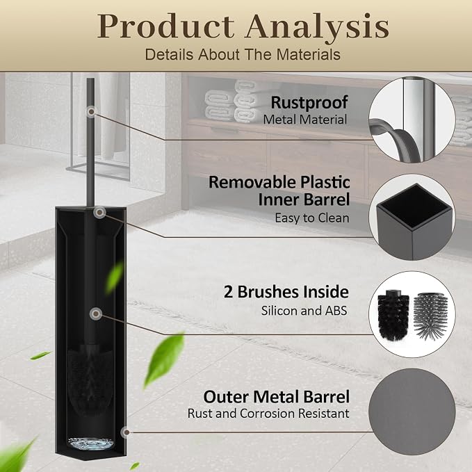 Toilet Brush and Holder Wall Mounted, Gun Gray Aluminum with 2 Replaceable Heads, Bathroom Toilet Brush, Drill or 3M Adhesive Mount, Removable Liner and Splash Guard, Modern Square Design