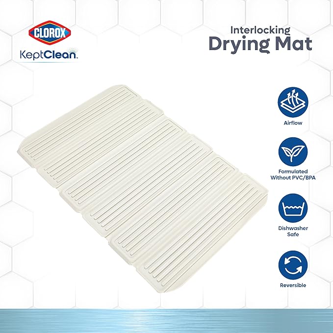 CLOROX KeptClean Interlocking Non-Slip Dish Drying Mat – Flexible, Foldable, Durable, Quick-Dry Mat, Interlocking Panels for Various Drying Elevations, Folds Compact for Storage - Almond Cream